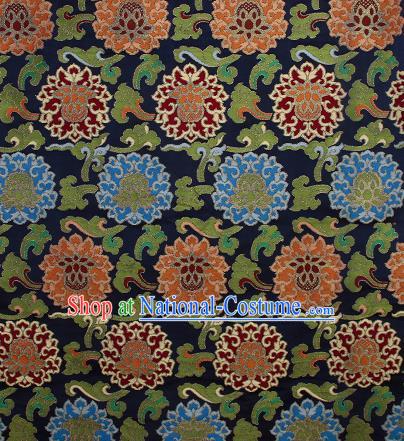 Asian Chinese Traditional Buddhism Auspicious Lotus Pattern Navy Brocade Tibetan Robe Satin Fabric Silk Material