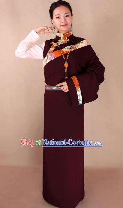 Traditional Chinese Zang Ethnic Dark Red Kangba Robe Tibetan Minority Folk Dance Costume for Women