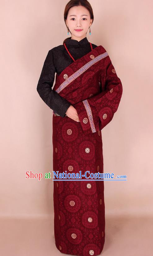 Traditional Chinese Zang Ethnic Guozhuang Purplish Red Robe Tibetan Minority Folk Dance Costume for Women