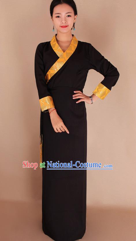 Traditional Chinese Zang Ethnic Kangba Black Dress Tibetan Minority Folk Dance Costume for Women
