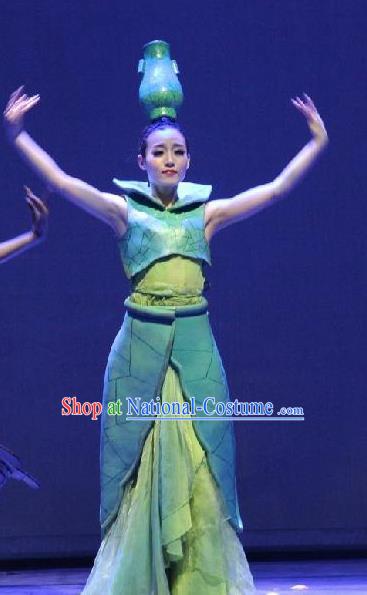 Chinese Back to Song Dynasty Classical Vase Dance Green Dress Stage Performance Costume for Women