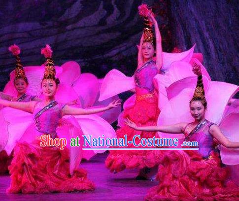Chinese Thorn Quinoa Flowers Classical Peony Dance Pink Dress Stage Performance Costume and Headpiece for Women