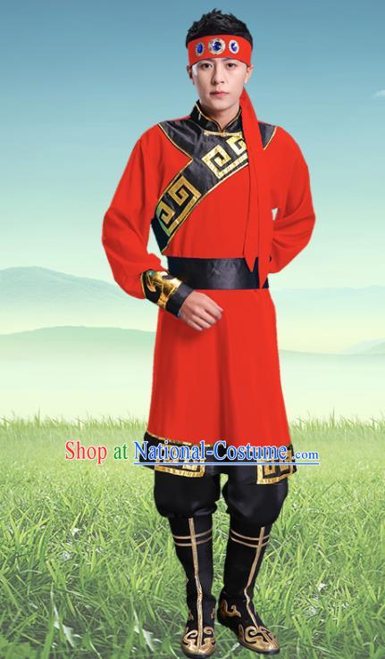 Traditional Chinese Mongol Nationality Red Clothing Ethnic Minority Folk Dance Costume for Men