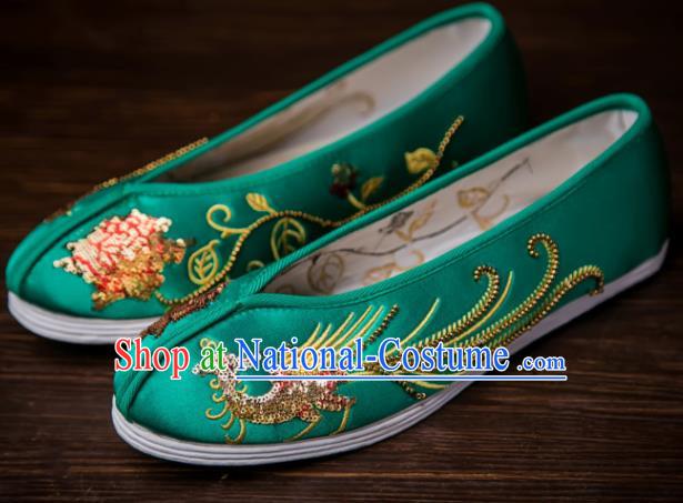 Traditional Chinese Handmade Wedding Green Satin Shoes Hanfu Shoes Embroidered Shoes for Women