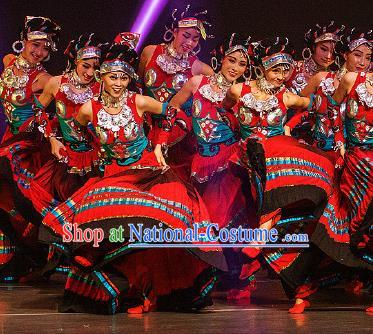 Dance Between Heaven and Earth Chinese Yi Nationality Dance Red Dress Stage Performance Dance Costume and Headpiece for Women