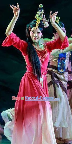 Chinese Lady Zhaojun Ancient Classical Dance Rosy Dress Stage Performance Dance Costume and Headpiece for Women