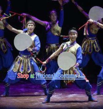Manchu Tambourine Chinese Manchu Nationality Dance Blue Clothing Stage Performance Dance Costume for Men