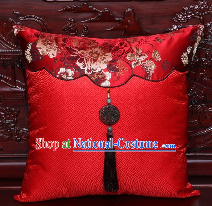 Chinese Classical Peony Pattern Jade Pendant Red Brocade Square Cushion Cover Traditional Household Ornament