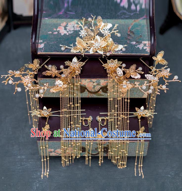 Chinese Ancient Wedding Golden Tassel Hairpins Traditional Bride Palace Hair Accessories for Women
