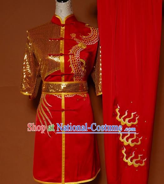Top Kung Fu Group Competition Costume Martial Arts Training Embroidered Red Uniform for Men