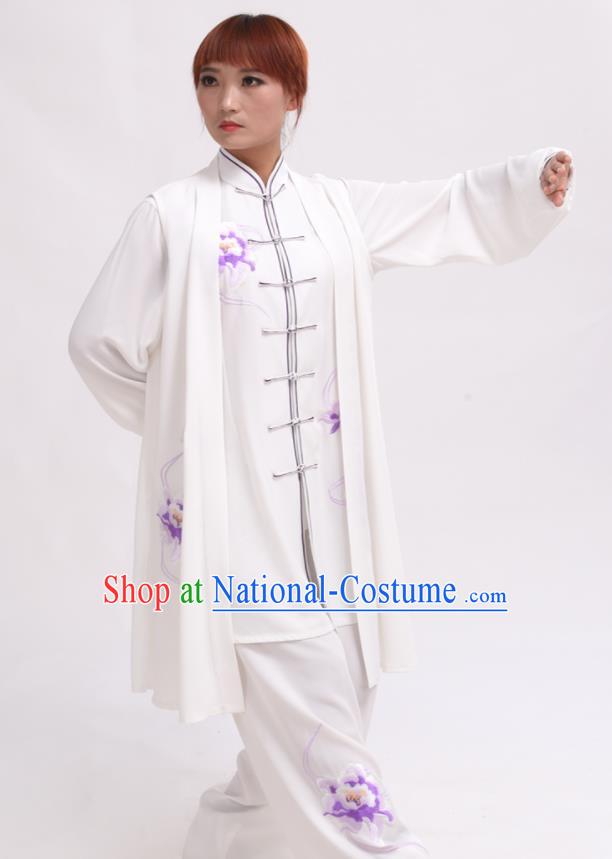Chinese Traditional Tai Chi Printing Purple Peony Costume Martial Arts Tai Ji Competition Clothing for Women