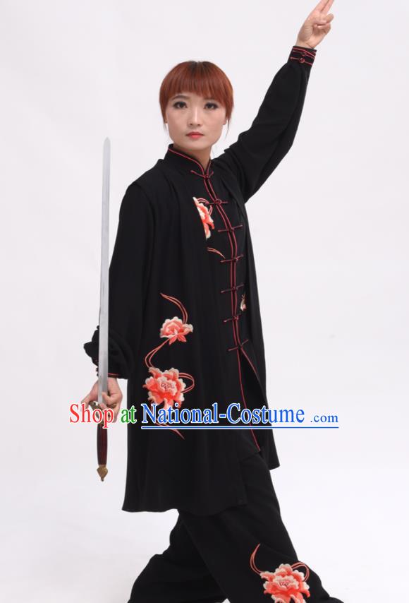 Chinese Traditional Tai Chi Printing Peony Black Costume Martial Arts Tai Ji Competition Clothing for Women