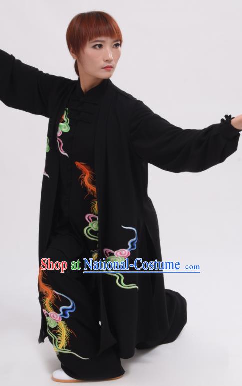 Chinese Traditional Tai Chi Printing Phoenix Black Costume Martial Arts Tai Ji Competition Clothing for Women