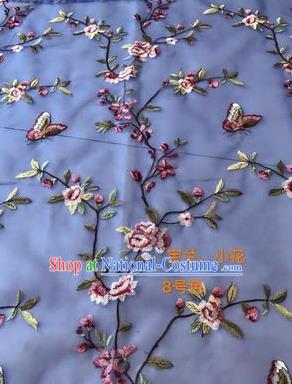 Asian Chinese Embroidered Peach Flowers Pattern Blue Silk Fabric Material Traditional Cheongsam Brocade Fabric