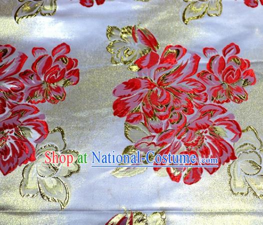 Asian Chinese Traditional Red Peony Pattern Satin Brocade Fabric Tang Suit Silk Material