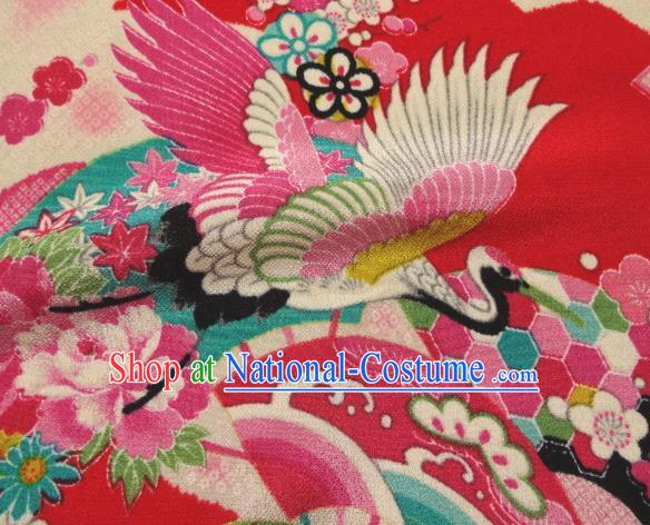Asian Traditional Classical Crane Pattern Red Tapestry Satin Nishijin Brocade Fabric Japanese Kimono Silk Material