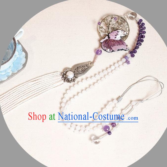 Chinese Traditional Jewelry Accessories Classical Pressure Front Embroidered Butterfly Tassel Brooch for Women