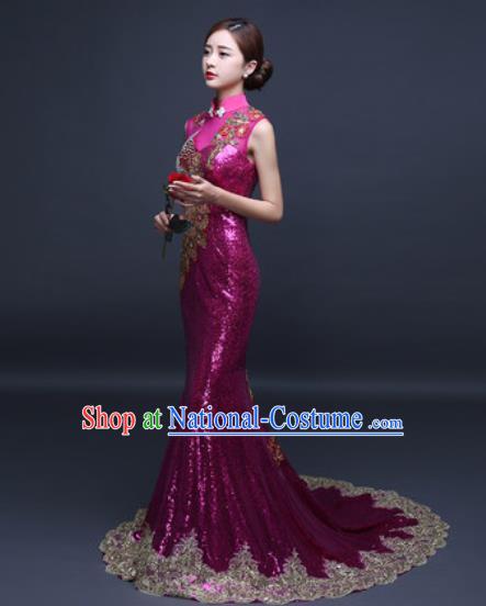Chinese Traditional Wedding Costume Classical Rosy Trailing Full Dress for Women