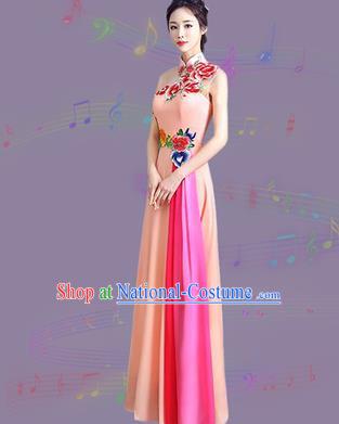 Chinese Traditional Cheongsam Costume Classical Embroidered Peony Pink Full Dress for Women