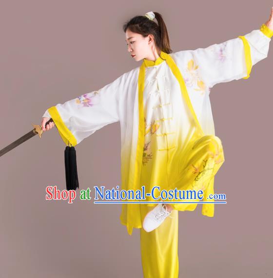 Chinese Traditional Kung Fu Competition Embroidered Peony Yellow Costume Martial Arts Tai Chi Clothing for Women