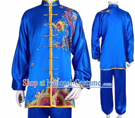 Chinese Traditional Kung Fu Competition Costume Martial Arts Tai Chi Embroidered Dragon Blue Clothing for Women