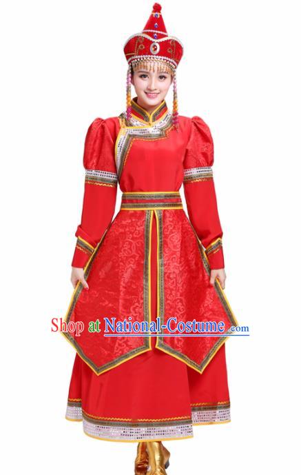 Chinese Traditional Mongolian Princess Folk Dance Red Dress Mongol Nationality Ethnic Costume for Women