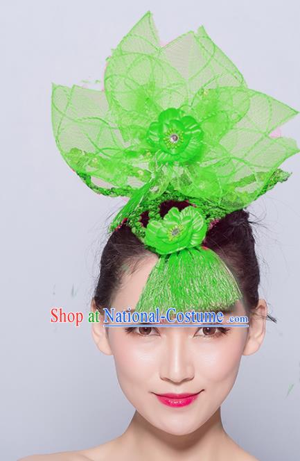 Chinese Traditional Folk Dance Hair Accessories Stage Performance Yangko Dance Green Veil Headwear for Women