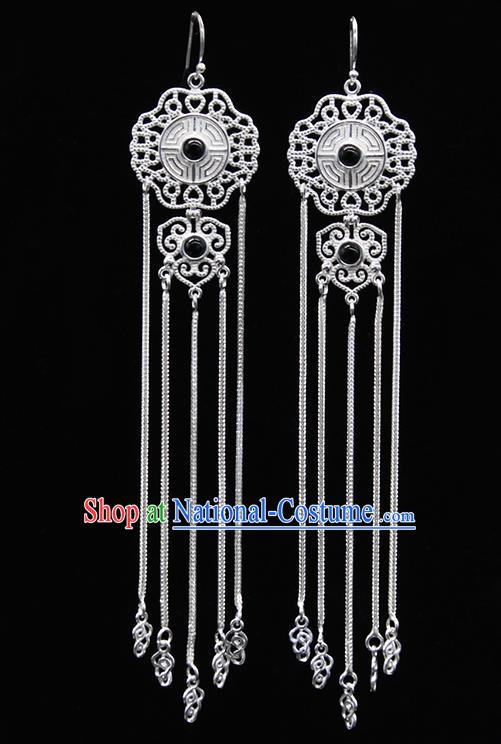 Chinese Traditional Mongolion Ethnic Black Stone Sliver Tassel Ear Accessories Mongol Nationality Earrings for Women