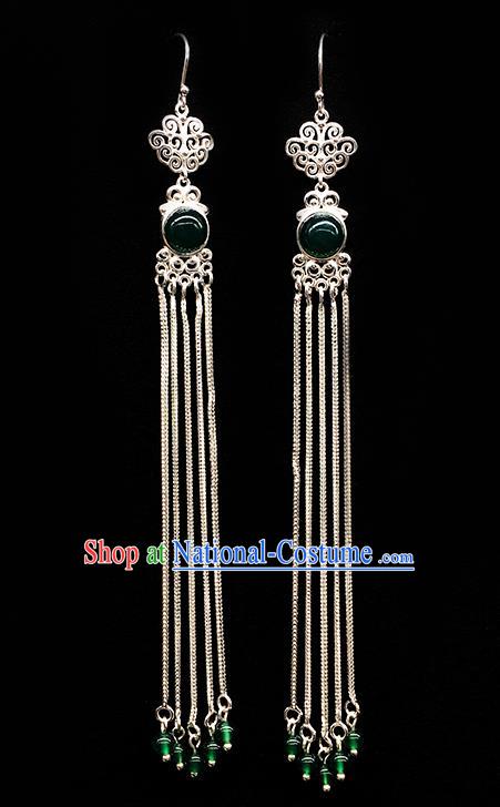 Traditional Chinese Mongolian Ethnic Long Tassel Earring Mongol Nationality Green Bead Ear Accessories for Women