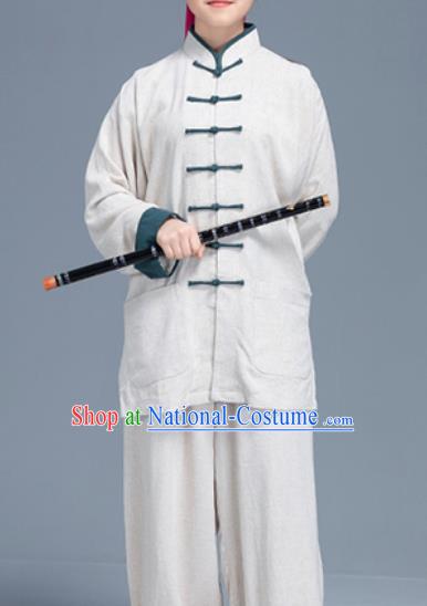 Asian Chinese Traditional Martial Arts White Linen Costume Tai Ji Kung Fu Training Uniform for Women