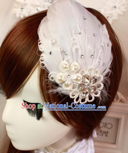 Top Grade Bride Hair Stick Headwear Princess White Feather Hair Accessories for Women