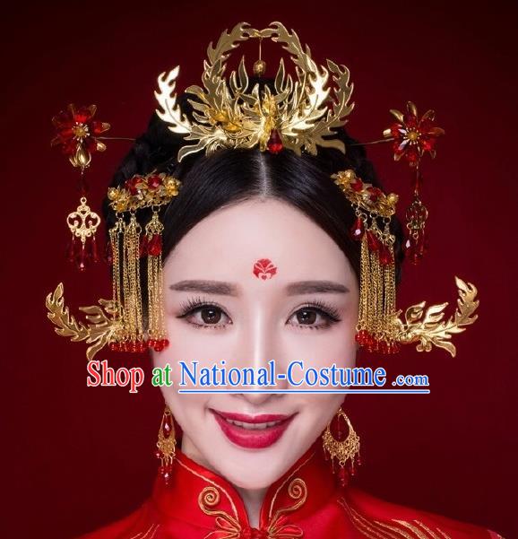 Chinese Ancient Bride Hairpins Phoenix Coronet Traditional Palace Wedding Hair Accessories Complete Set for Women