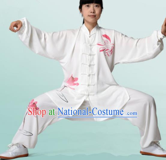 Chinese Traditional Tai Chi Printing Lotus White Costume Martial Arts Training Uniform Kung Fu Wushu Clothing for Women