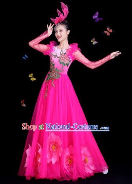 Traditional Chinese Modern Dance Rosy Dress Spring Festival Gala Opening Dance Stage Performance Costume for Women