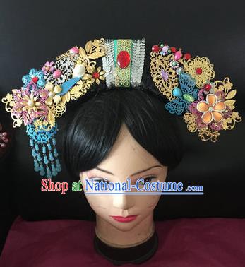 Traditional Chinese Qing Dynasty Princess Blue Tassel Headwear Ancient Manchu Lady Hair Accessories for Women