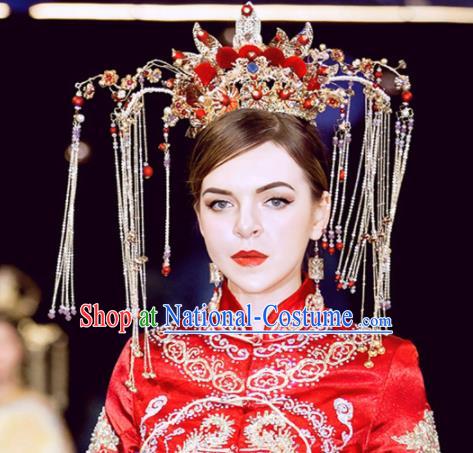 Chinese Handmade Palace Red Venonat Phoenix Coronet Hairpins Ancient Princess Hanfu Hair Accessories Headwear for Women