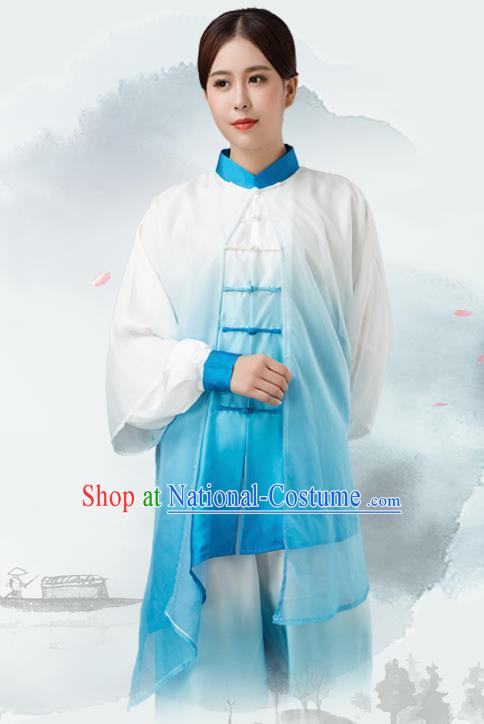 Traditional Chinese Martial Arts Blue Silk Costume Tai Ji Kung Fu Competition Clothing for Women