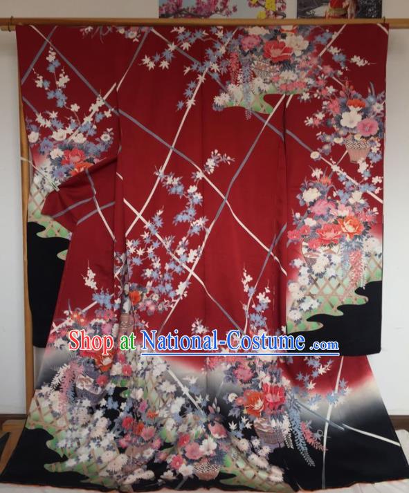 Japanese Traditional Printing Sakura Red Furisode Kimono Asian Japan Costume Geisha Yukata Dress for Women