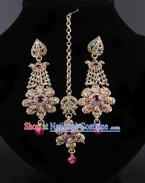 India Traditional Wedding Jewelry Accessories Indian Bollywood Rosy Crystal Tassel Earrings and Eyebrows Pendant for Women