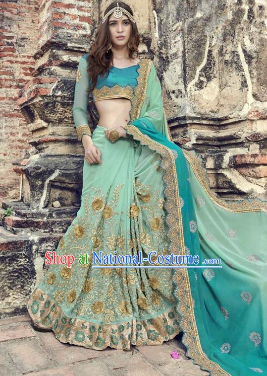 Asian India Traditional Court Princess Embroidered Green Sari Dress Indian Bollywood Bride Costume Complete Set for Women