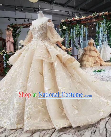 Top Grade Customize Bride Embroidered Beige Veil Trailing Full Dress Court Princess Wedding Costume for Women
