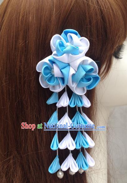 Traditional Japan Blue Silk Sakura Tassel Hair Claw Japanese Kimono Hair Accessories for Women