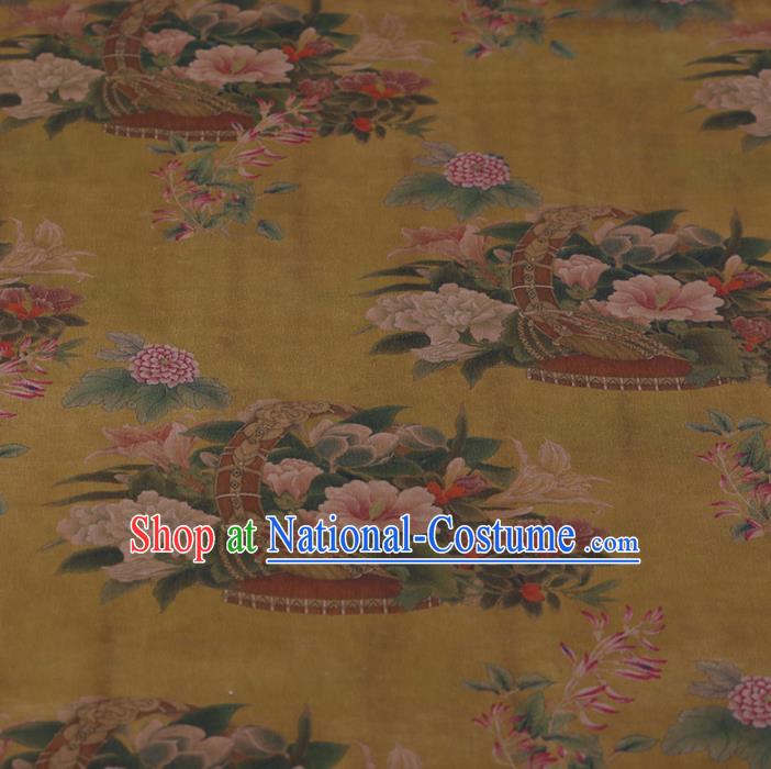 Traditional Chinese Satin Classical Flowers Basket Pattern Design Yellow Watered Gauze Brocade Fabric Asian Silk Fabric Material