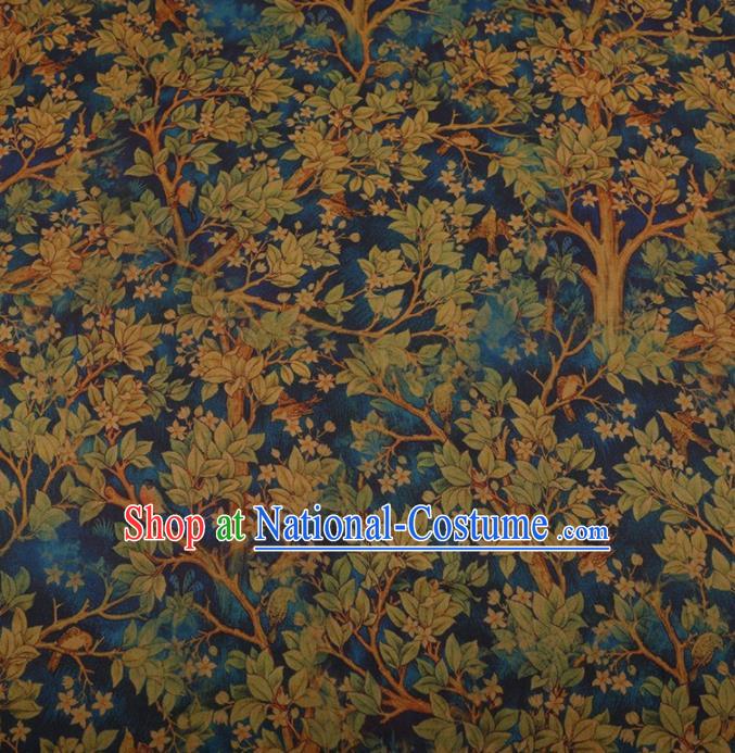Traditional Chinese Classical Branch Leaf Pattern Design Blue Satin Watered Gauze Brocade Fabric Asian Silk Fabric Material