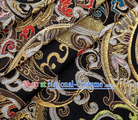 Asian Japanese Kimono Fabric Classical Pattern Design Black Brocade Traditional Drapery Silk Material