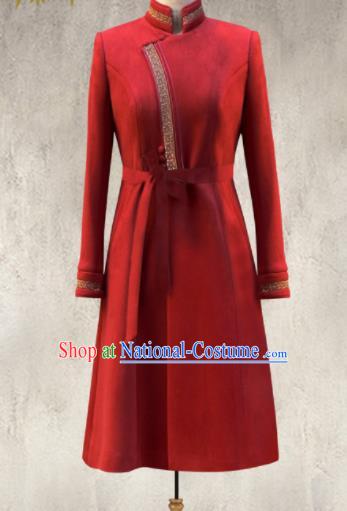 Traditional Chinese Mongol Ethnic Red Suede Coat Mongolian Minority Folk Dance Costume for Women