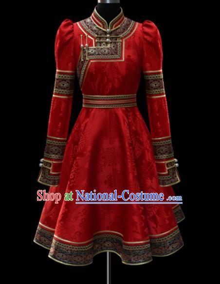 Traditional Chinese Mongol Ethnic National Red Dress Mongolian Minority Folk Dance Costume for Women