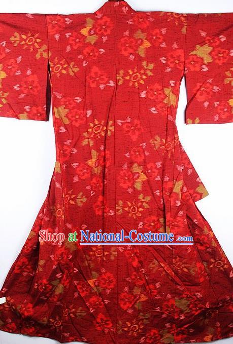 Japanese Traditional Printing Red Furisode Kimono Asian Japan National Yukata Dress Costume for Women