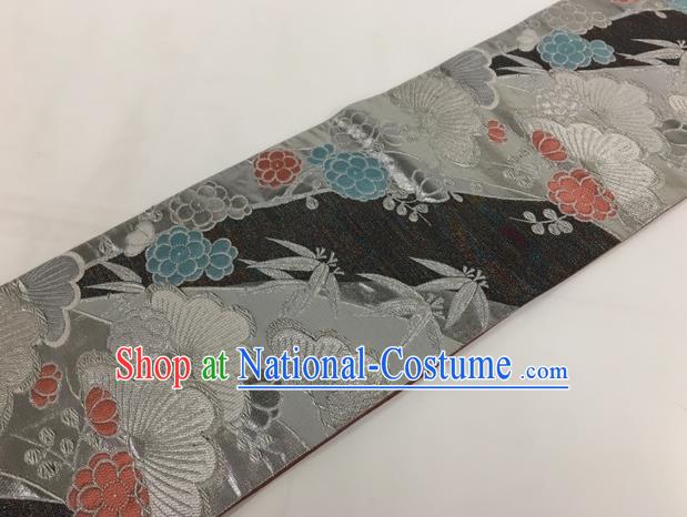 Japanese Kimono Classical Bamboo Leaf Pattern Black Brocade Belt Asian Japan Traditional National Yukata Waistband for Women