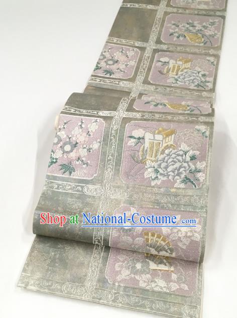 Japanese Kimono Classical Plum Peony Pattern Light Grey Brocade Belt Asian Japan Traditional National Yukata Waistband for Women